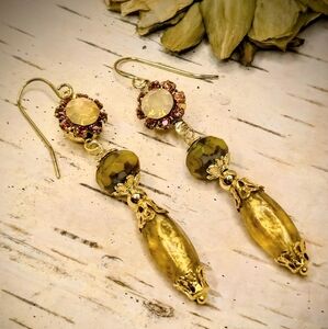 Victorian Yellow Swarovski Crystal & Yellow Gold Etched  Gold Plated Earrings